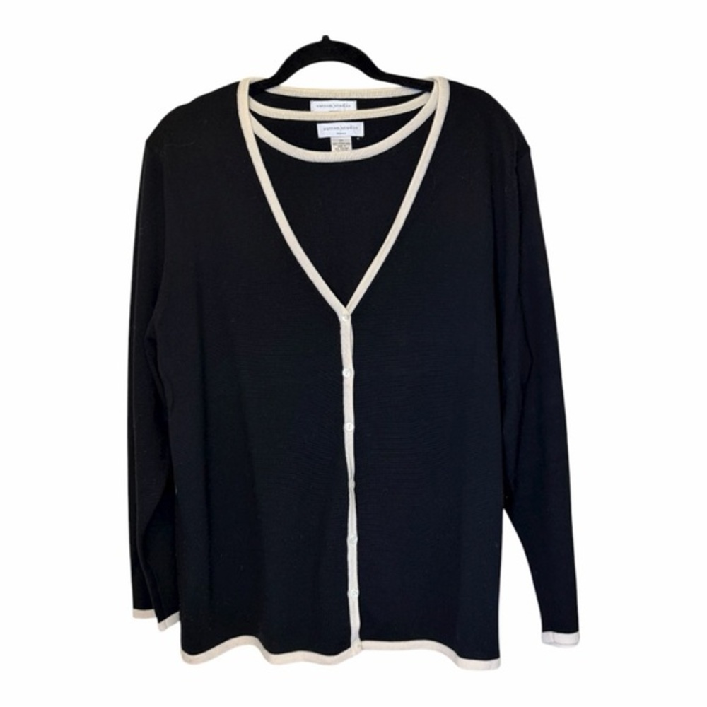 Sutton Studio 100% Merino Wool 2 Piece Black and Cream Cardigan Sweater Set